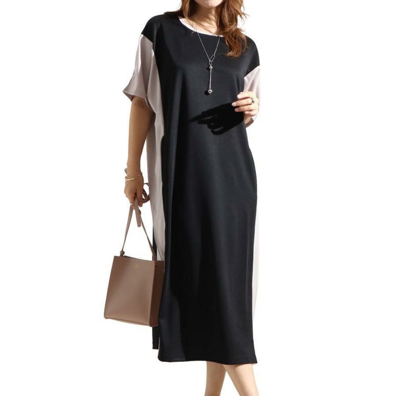 大きいサイズ レディース 細見え配色切替えワンピース　maru-6502k ブラック