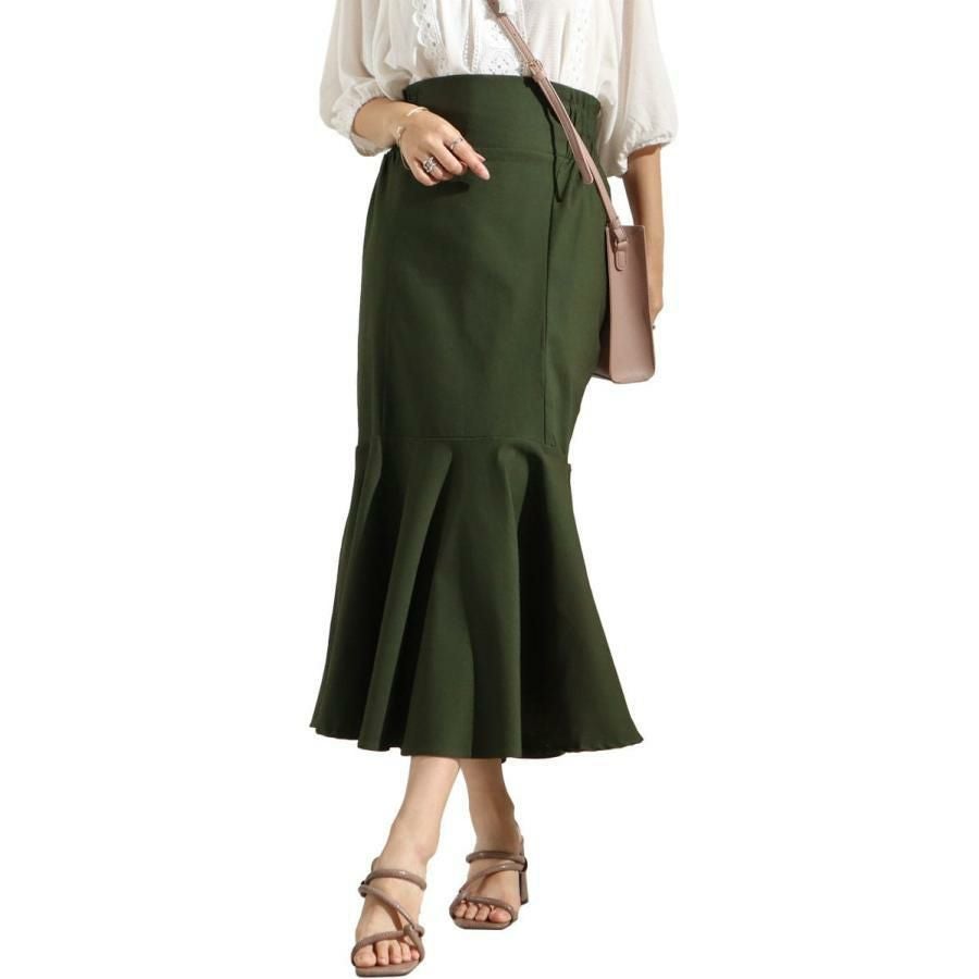 大きいサイズ レディース ストレッチツイルマーメイドスカート　maru-6501k カーキ