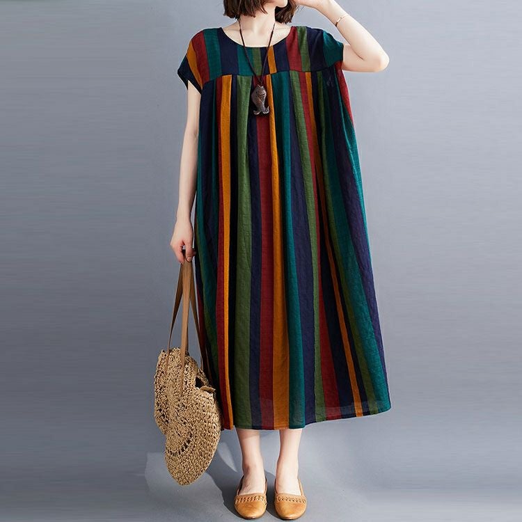 大きいサイズ レディース マルチストライプコットンワンピース　goldy-999 【メール便可】