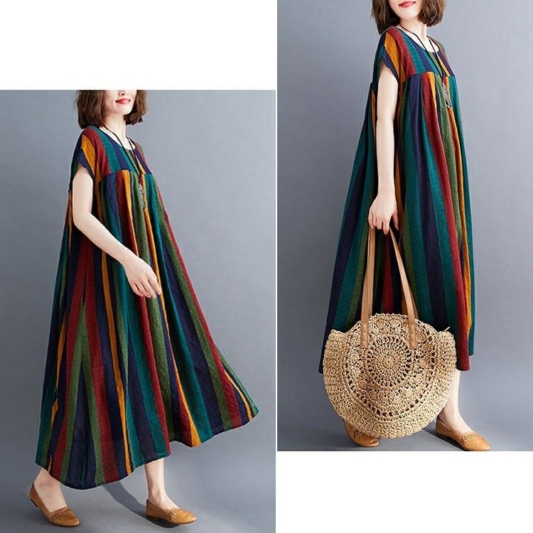 大きいサイズ レディース マルチストライプコットンワンピース　goldy-999 【メール便可】