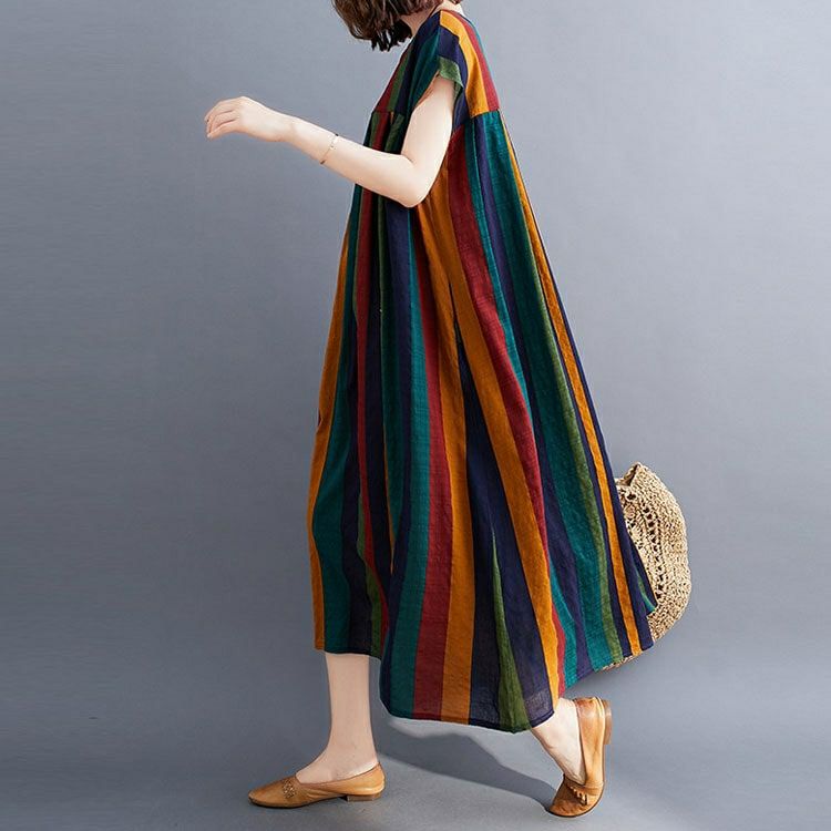 大きいサイズ レディース マルチストライプコットンワンピース　goldy-999 【メール便可】