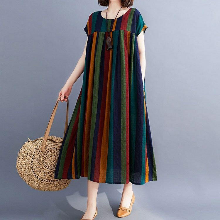 大きいサイズ レディース マルチストライプコットンワンピース　goldy-999 【メール便可】