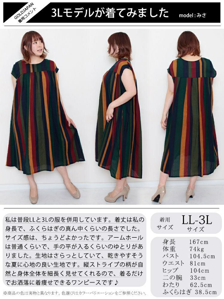 大きいサイズ レディース マルチストライプコットンワンピース　goldy-999 【メール便可】