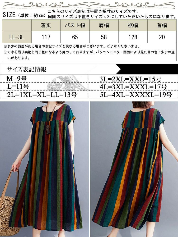 大きいサイズ レディース マルチストライプコットンワンピース　goldy-999 【メール便可】