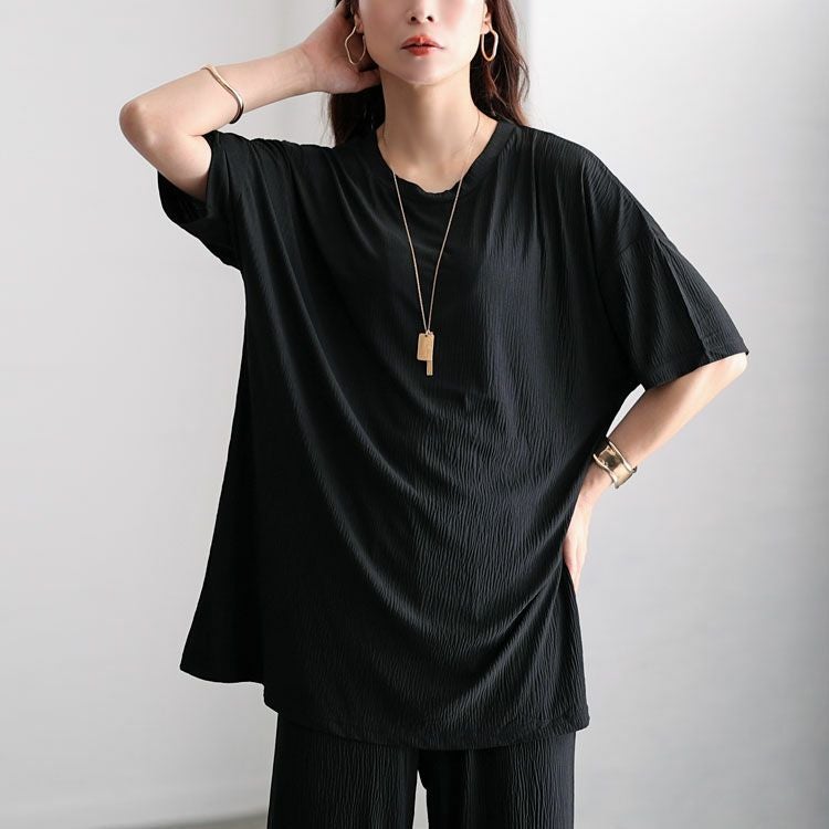 大きいサイズ レディース 楊柳ロングトップス＆ストレートパンツセットアップ　sada-6759