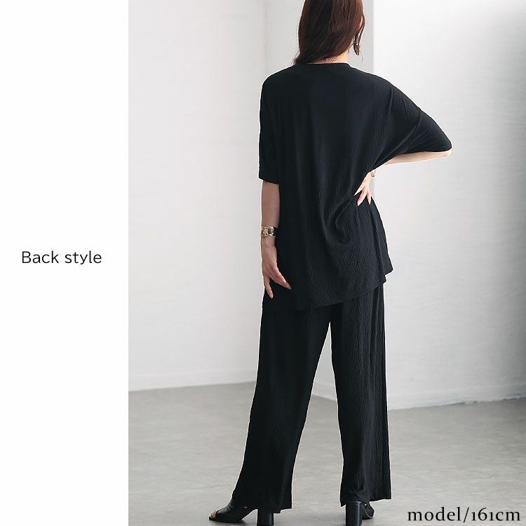 大きいサイズ レディース 楊柳ロングトップス＆ストレートパンツセットアップ　sada-6759