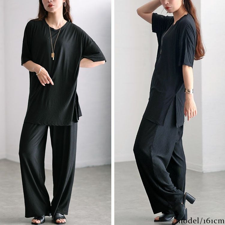 大きいサイズ レディース 楊柳ロングトップス＆ストレートパンツセットアップ　sada-6759