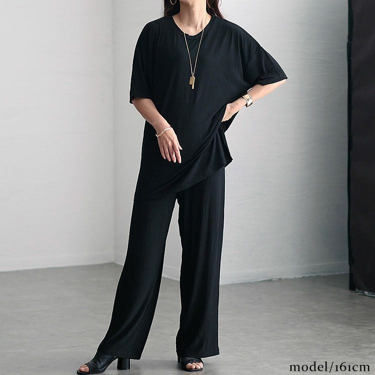 大きいサイズ レディース 楊柳ロングトップス＆ストレートパンツセットアップ　sada-6759