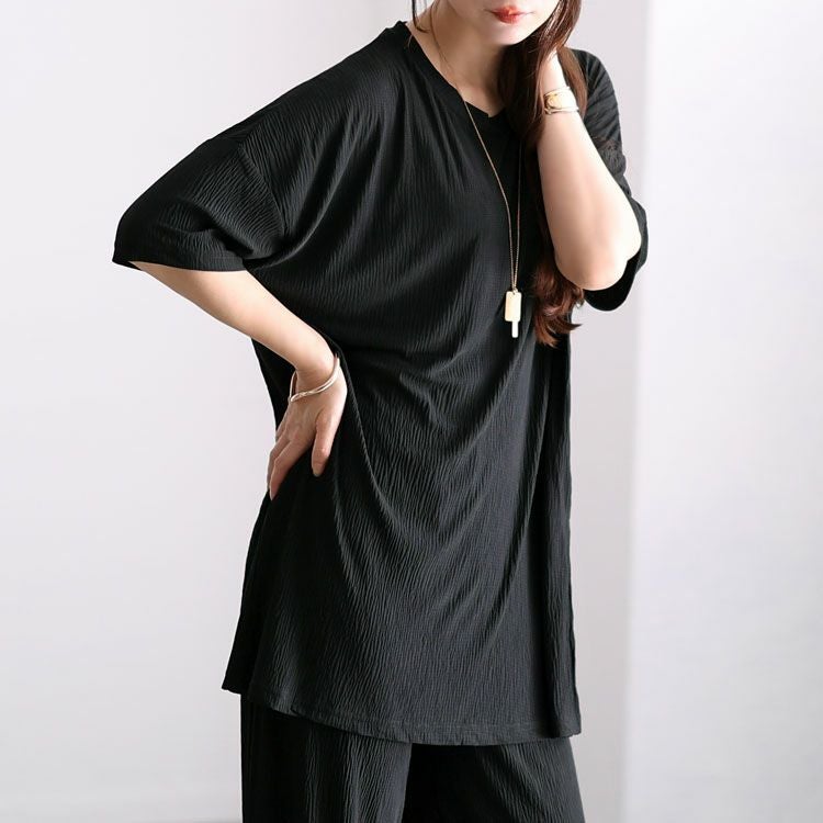 大きいサイズ レディース 楊柳ロングトップス＆ストレートパンツセットアップ　sada-6759