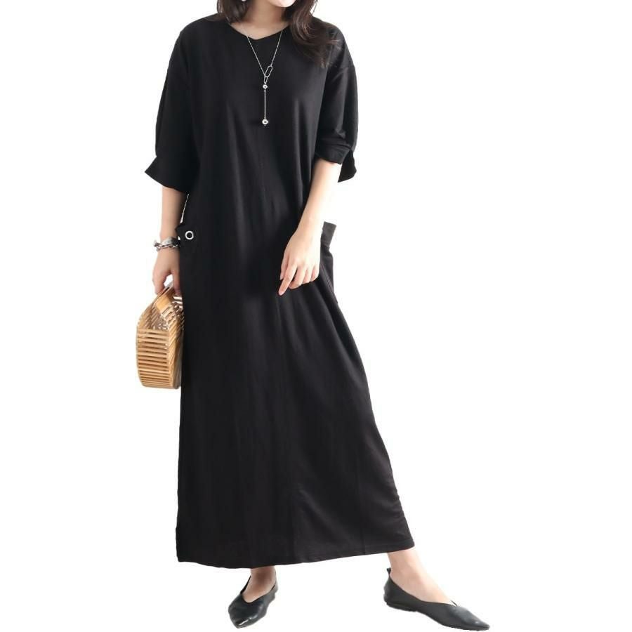 大きいサイズ レディース 接触冷感ハトメポケットワンピース　cast-5524044 ブラック