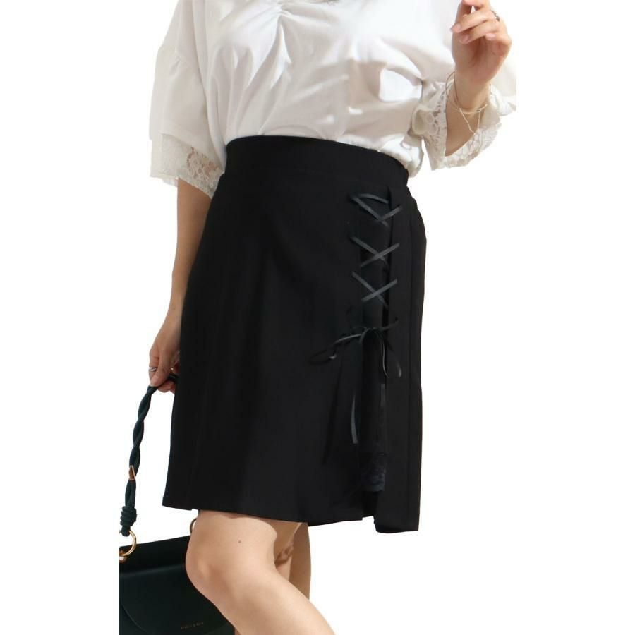 大きいサイズ レディース レースアップスカート　fem-254 ブラック