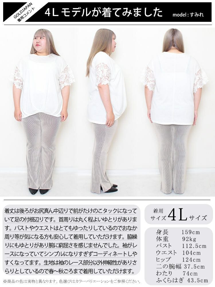 大きいサイズ レディース 袖モチーフレース裾タックカットソー　cast-5524057 【メール便可】