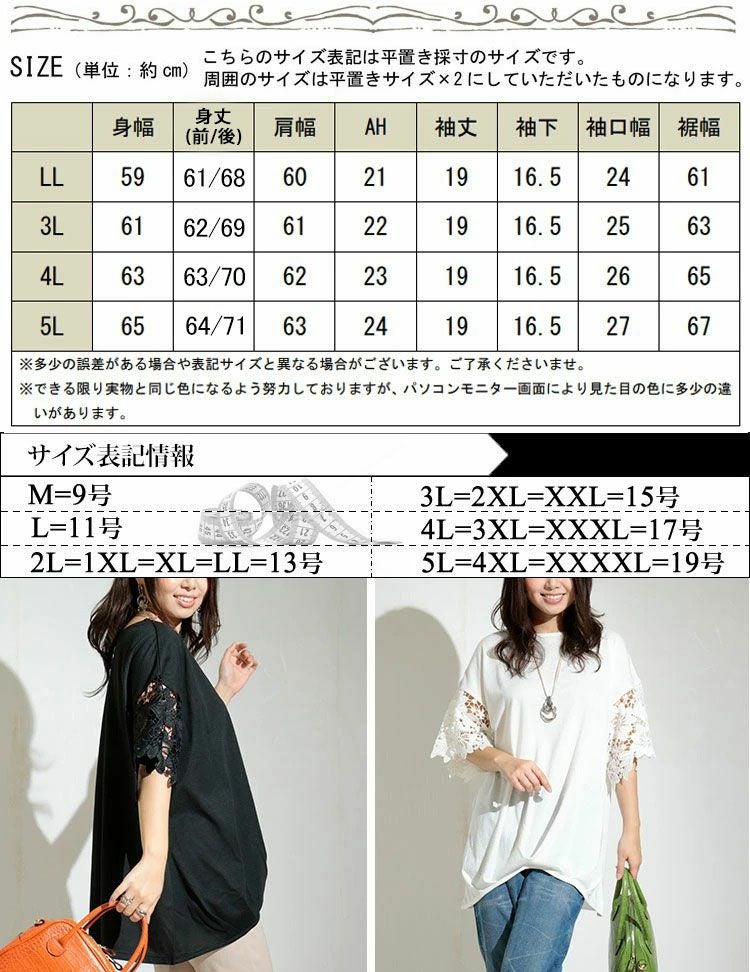 大きいサイズ レディース 袖モチーフレース裾タックカットソー　cast-5524057 【メール便可】