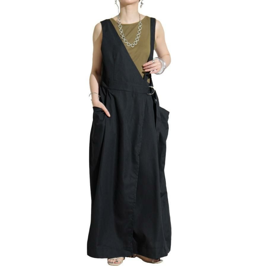 大きいサイズ レディース アシメサロペットワンピース　sw-0456 ブラック