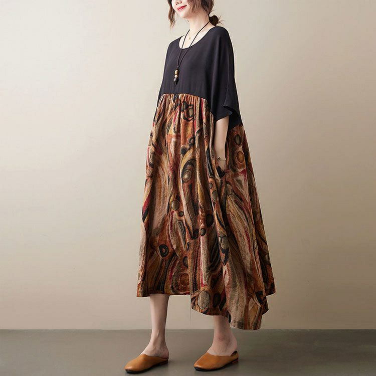 大きいサイズ レディース 異素材ドッキングコットンワンピース　goldy-1046 【メール便可】