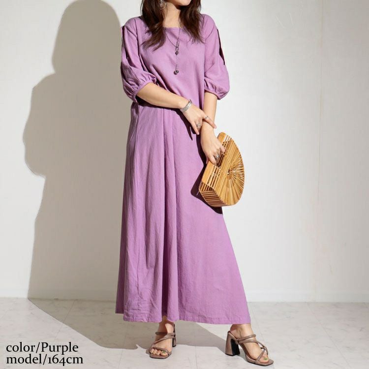 大きいサイズ レディース 袖スリットコットンマキシ丈ワンピース　goldy-1072
