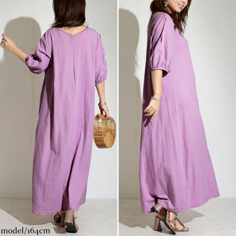 大きいサイズ レディース 袖スリットコットンマキシ丈ワンピース　goldy-1072
