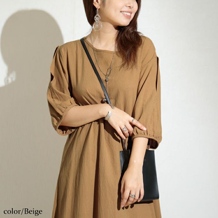 大きいサイズ レディース 袖スリットコットンマキシ丈ワンピース　goldy-1072