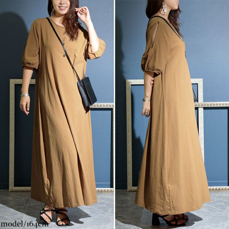 大きいサイズ レディース 袖スリットコットンマキシ丈ワンピース　goldy-1072