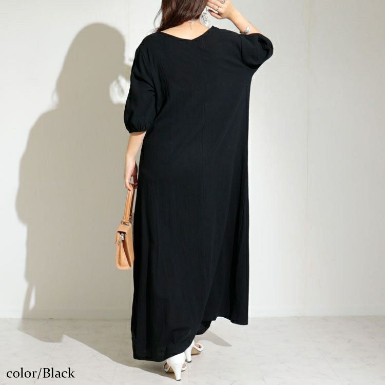 大きいサイズ レディース 袖スリットコットンマキシ丈ワンピース　goldy-1072