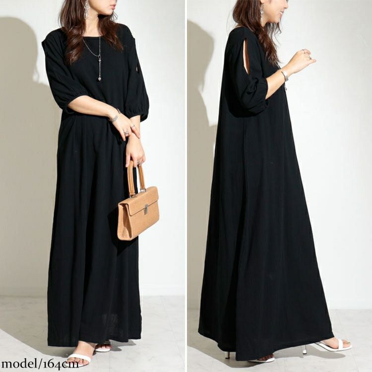 大きいサイズ レディース 袖スリットコットンマキシ丈ワンピース　goldy-1072