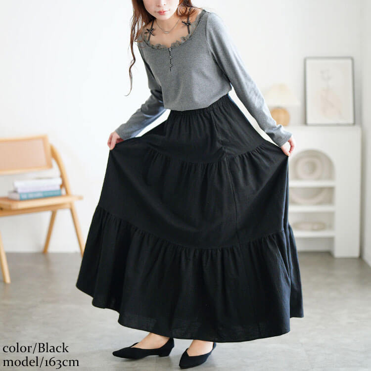 大きいサイズ レディース コットンティアードスカート　goldy-1071