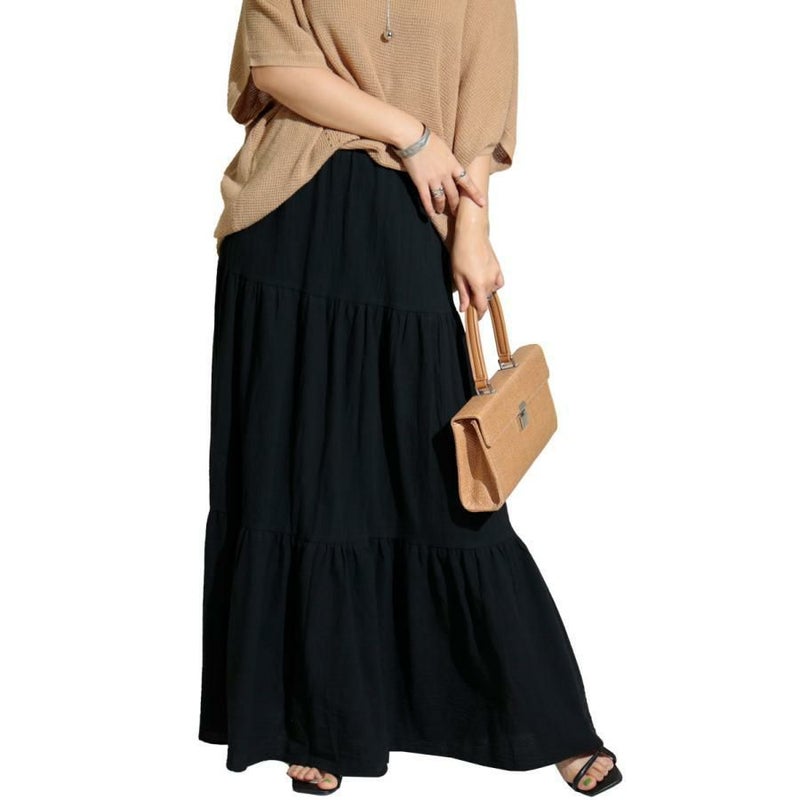 大きいサイズ レディース コットンティアードスカート　goldy-1071 ブラック