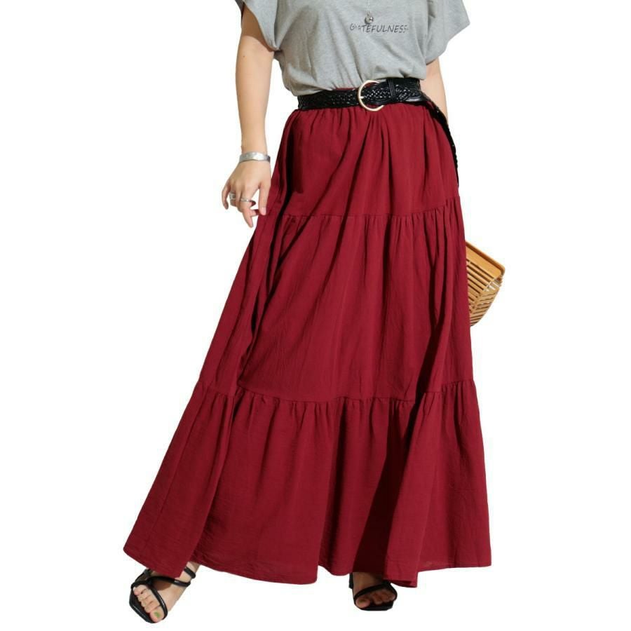 大きいサイズ レディース コットンティアードスカート　goldy-1071 ワイン
