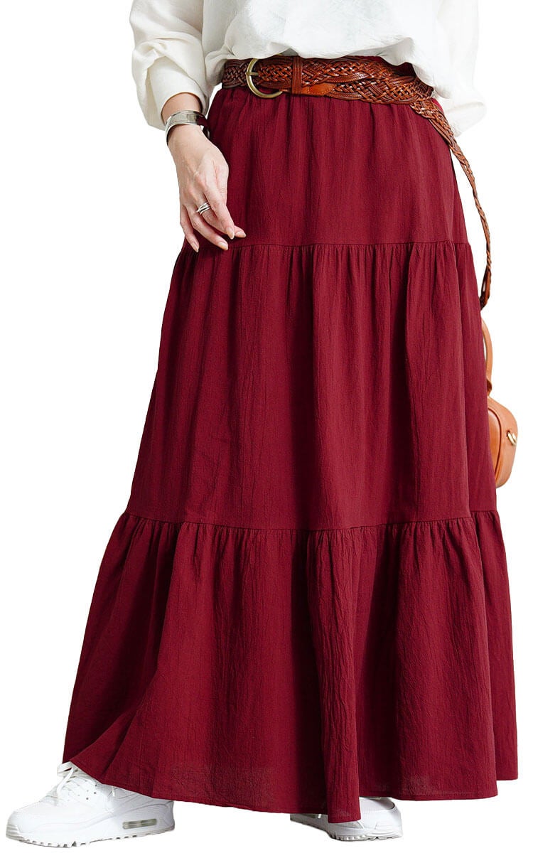 大きいサイズ レディース コットンティアードスカート　goldy-1071 ワイン