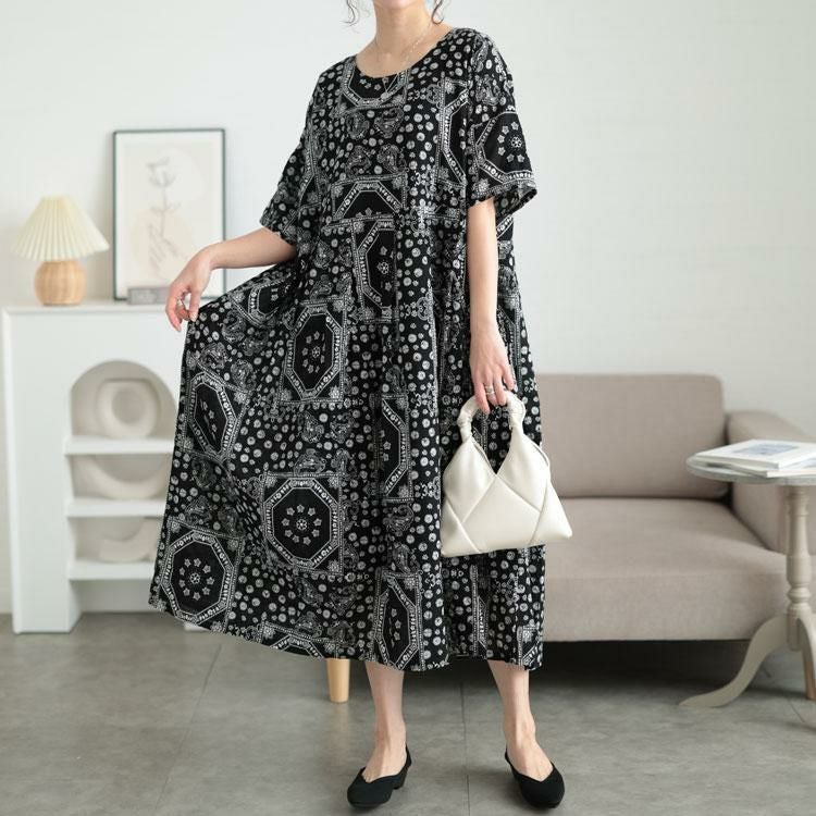 大きいサイズ レディース エスニック柄コットンワンピース　goldy-1024 【メール便可】 ブラック