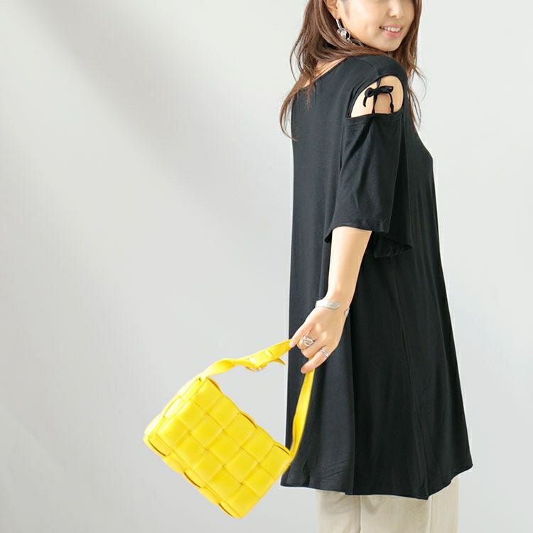 大きいサイズ レディース オープンショルダーリボンチュニックTシャツ　gold919 【メール便可】