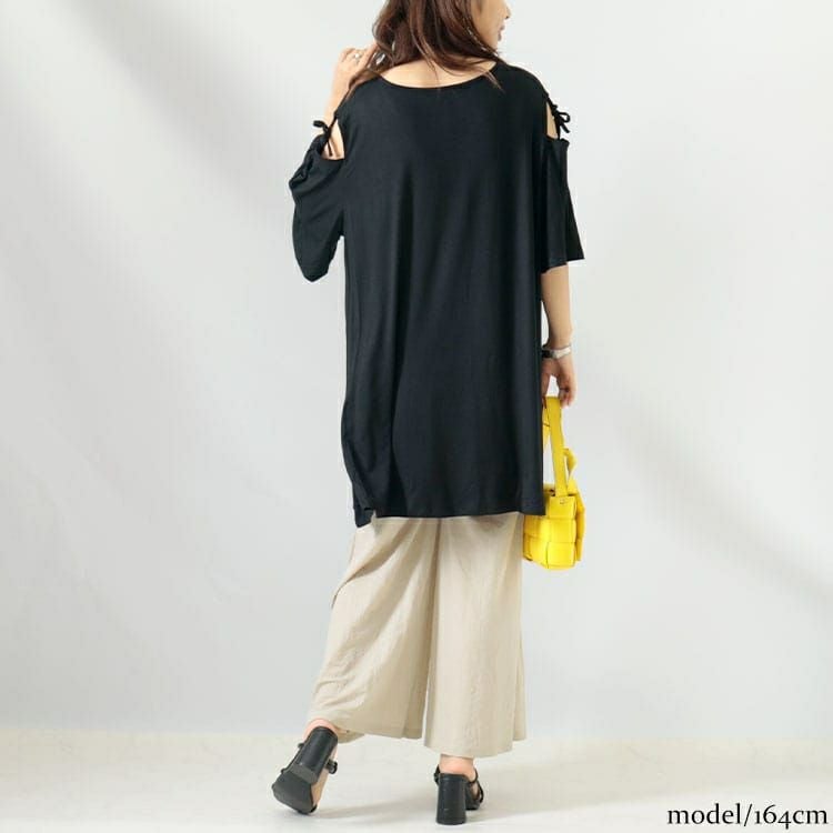 大きいサイズ レディース オープンショルダーリボンチュニックTシャツ　gold919 【メール便可】