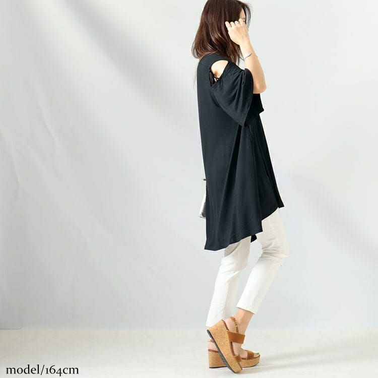 大きいサイズ レディース オープンショルダーリボンチュニックTシャツ　gold919 【メール便可】