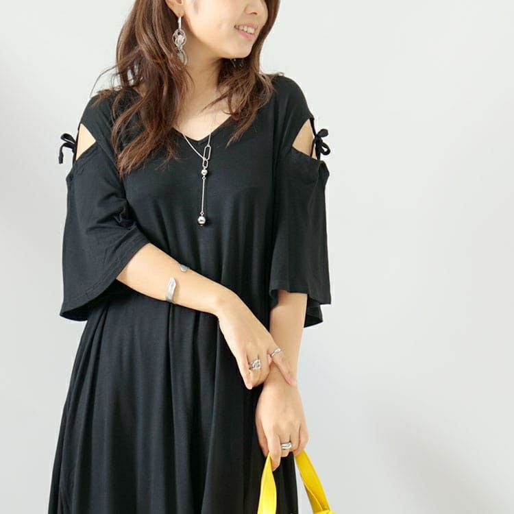 大きいサイズ レディース オープンショルダーリボンチュニックTシャツ　gold919 【メール便可】