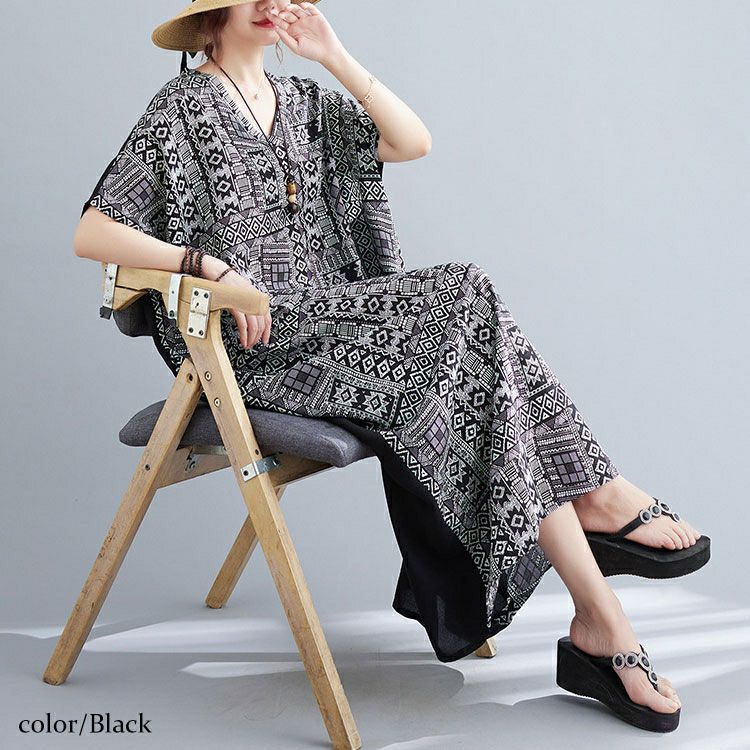 大きいサイズ レディース エスニック柄切替えワンピース　goldy-1069 【メール便可】