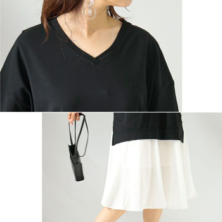 大きいサイズ レディース 異素材ドッキングワンピース　goldy-1086