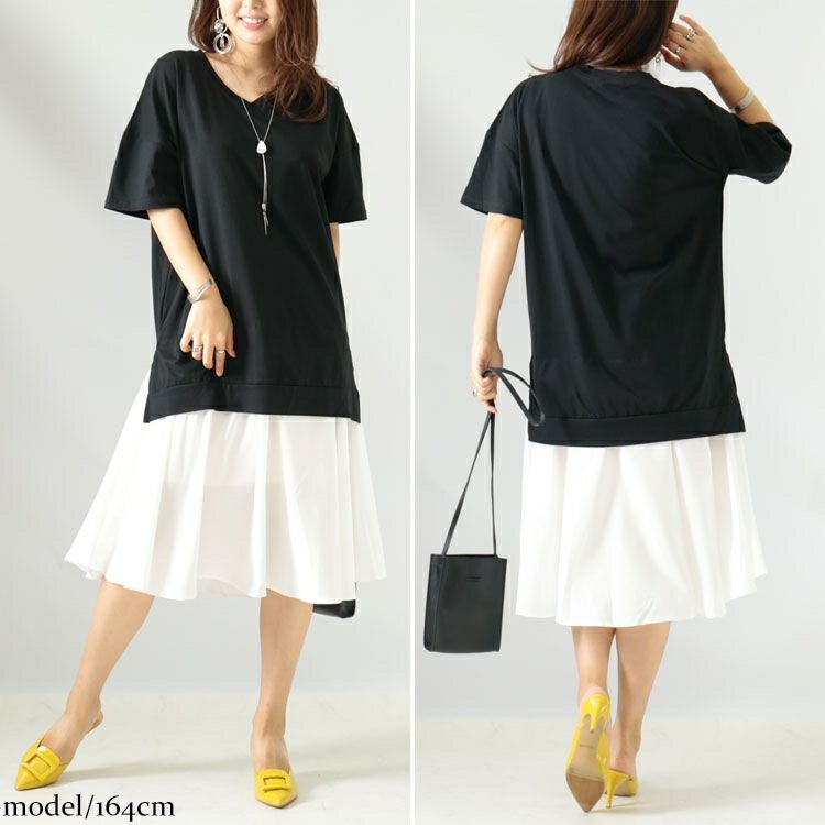大きいサイズ レディース 異素材ドッキングワンピース　goldy-1086