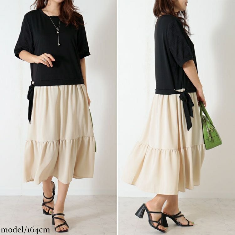 大きいサイズ レディース 異素材ドッキングワンピース　goldy-1085