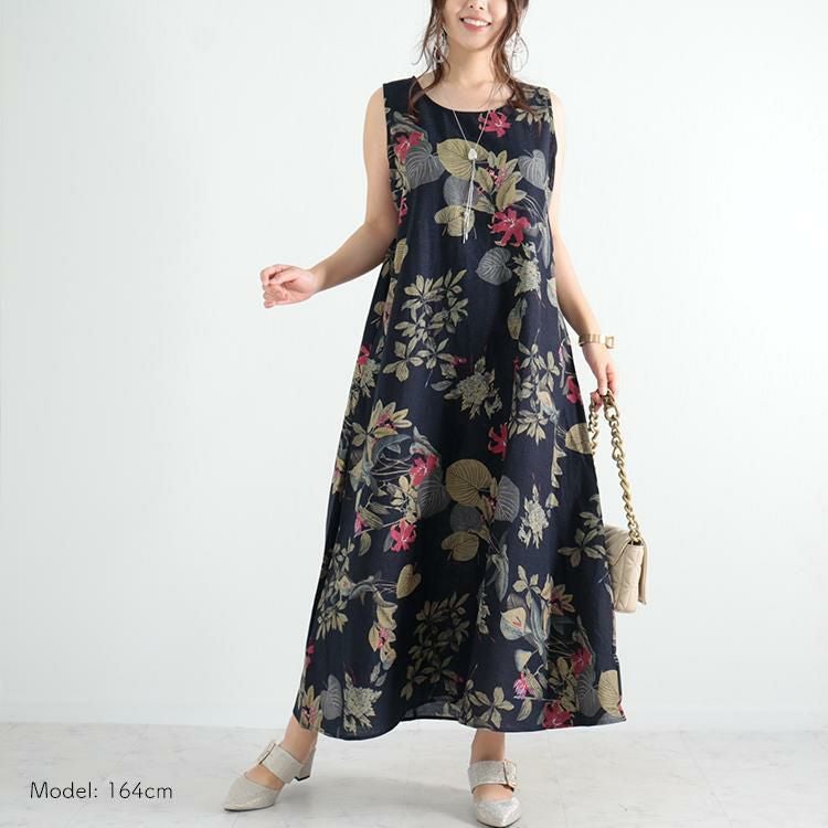 大きいサイズ レディース リゾートフラワーコットンワンピース　goldy-1047 【メール便可】 ネイビー