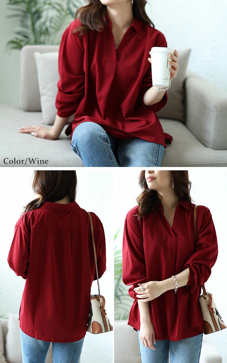 大きいサイズ レディース シワになりにくい襟付きスキッパーシャツ　cast-5526014