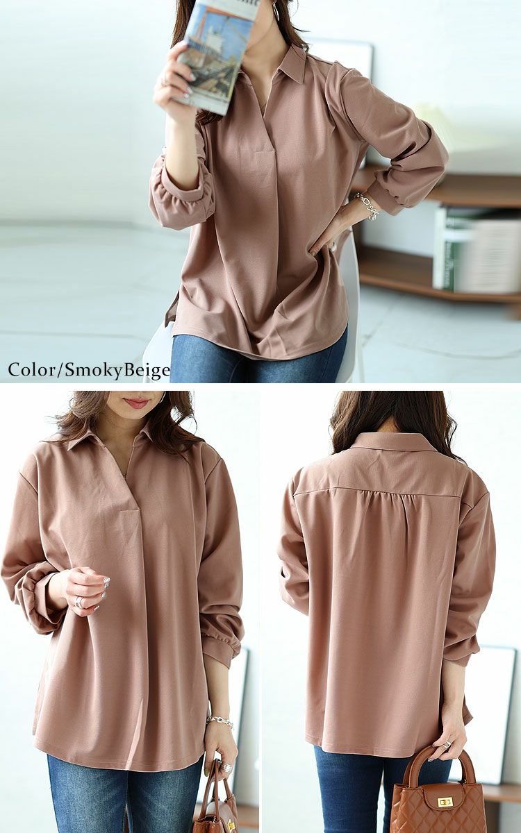 大きいサイズ レディース シワになりにくい襟付きスキッパーシャツ　cast-5526014