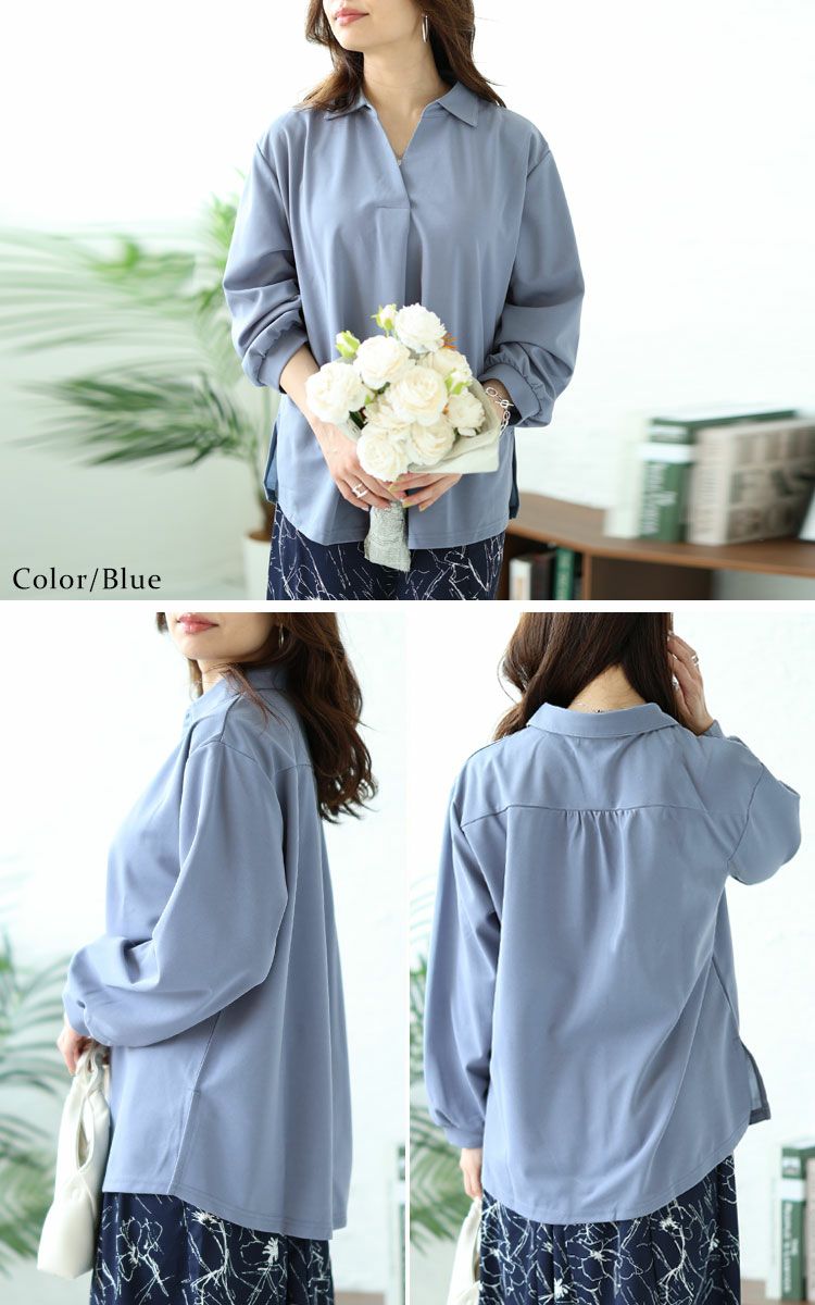 大きいサイズ レディース シワになりにくい襟付きスキッパーシャツ　cast-5526014