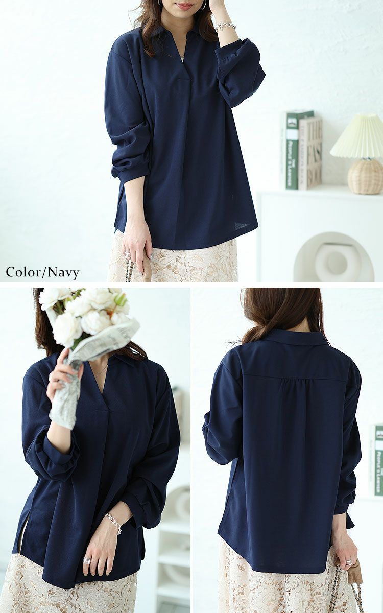 大きいサイズ レディース シワになりにくい襟付きスキッパーシャツ　cast-5526014