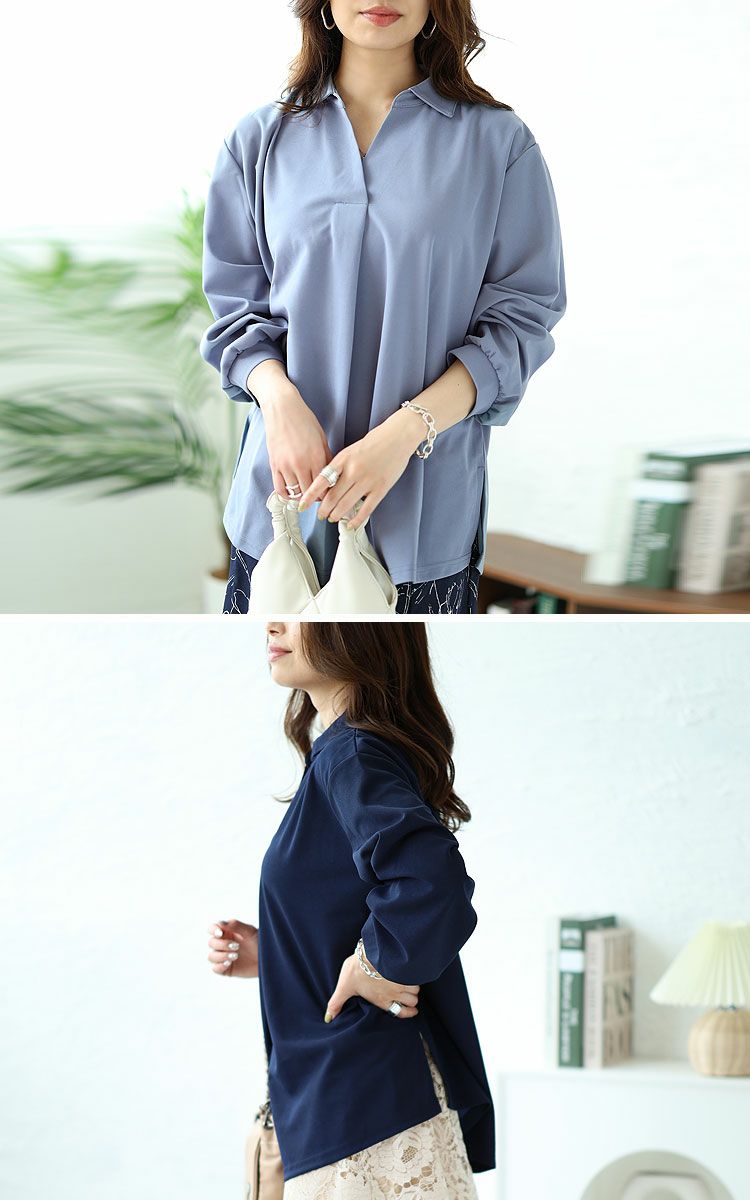 大きいサイズ レディース シワになりにくい襟付きスキッパーシャツ　cast-5526014