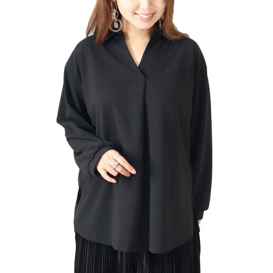 大きいサイズ レディース シワになりにくい襟付きスキッパーシャツ　cast-5526014 ブラック