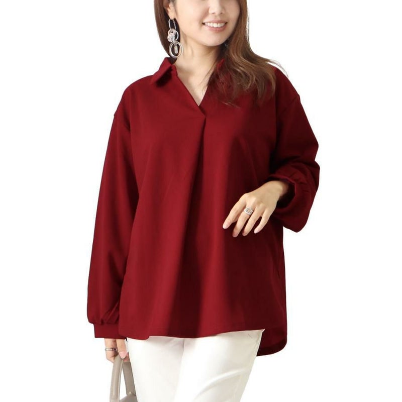 大きいサイズ レディース シワになりにくい襟付きスキッパーシャツ　cast-5526014 ワイン
