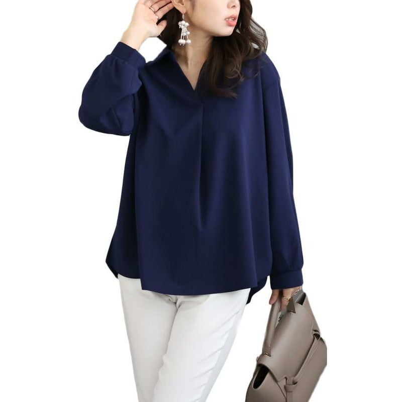 大きいサイズ レディース シワになりにくい襟付きスキッパーシャツ　cast-5526014 ネイビー