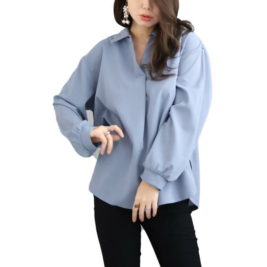 大きいサイズ レディース シワになりにくい襟付きスキッパーシャツ　cast-5526014 ブルー