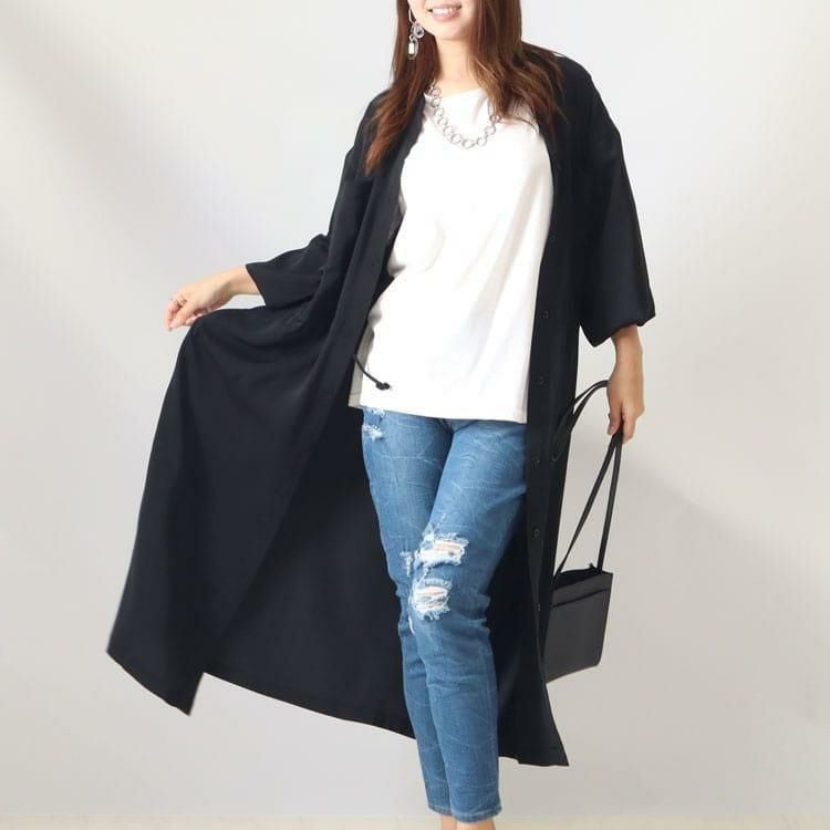 大きいサイズ レディース ドローストリングシャツワンピース　sada-6767 ブラック