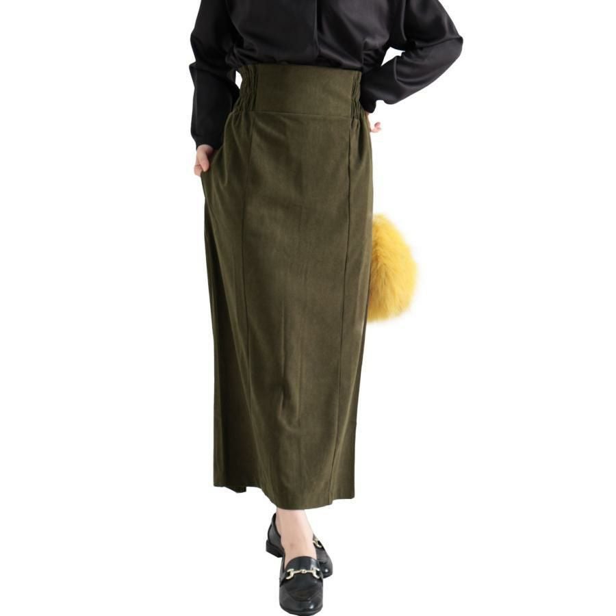 大きいサイズ レディース コーデュロイハイウエストナロースカート　maru-6602 カーキ